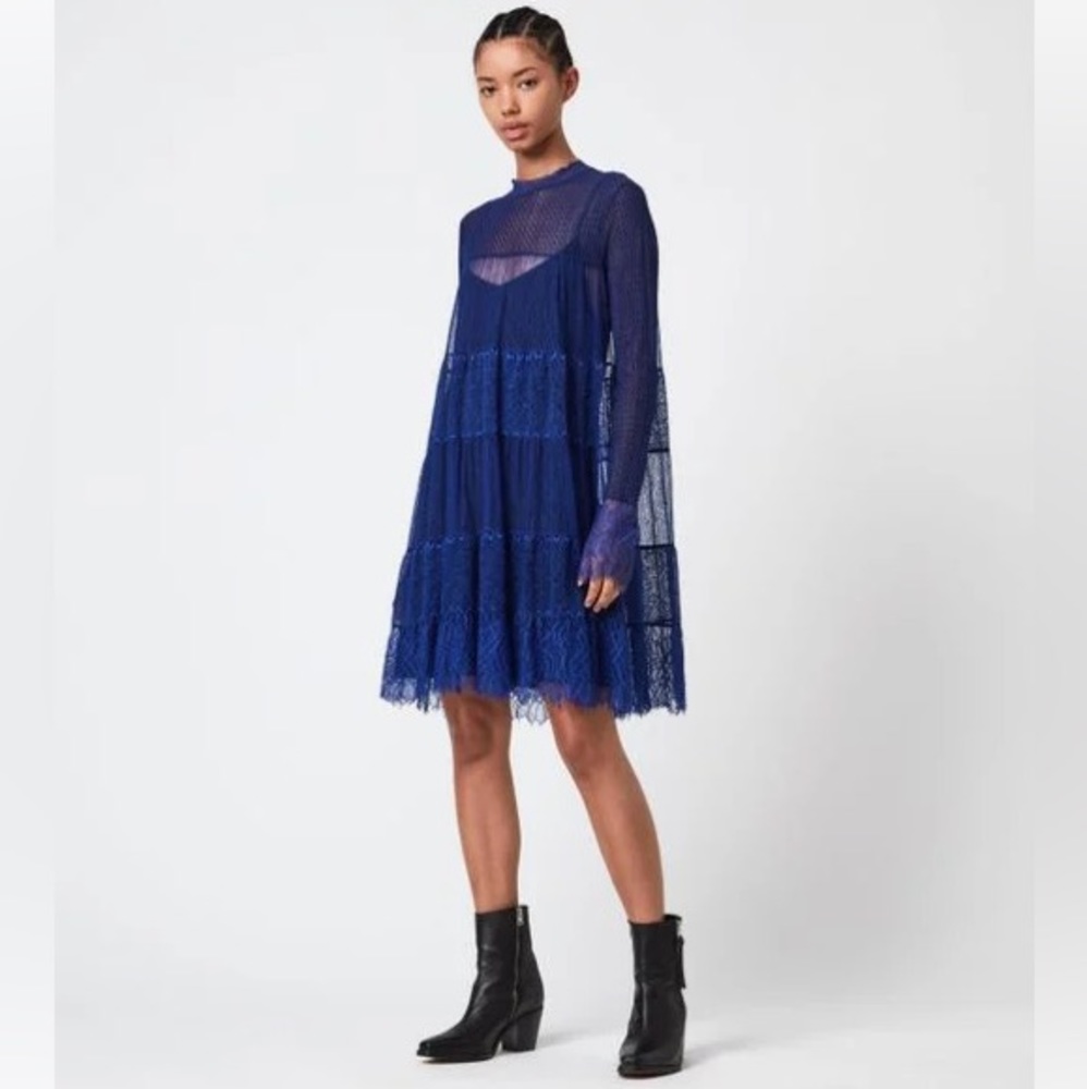 $325 AllSaints Briella Tiered Lace Mini Dress cobalt blue long sleeve black